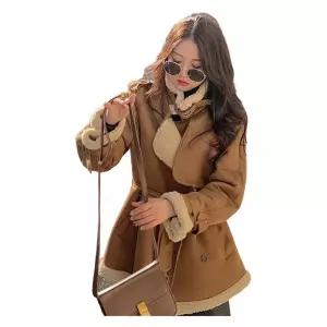 여성롱무스탕코트 스웨이드 겨울 캐주얼 퍼코트 코트 롱무스탕 배색 하프 페이크퍼 오버핏
