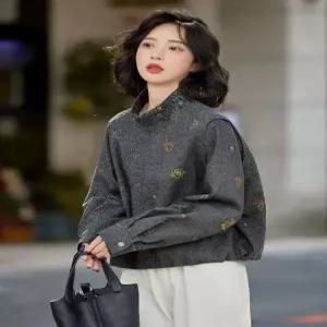 솔저스여성용 가을 오피스룩 모직 울 쇼트 코트 차이나 자켓 상의 자수 OPH3