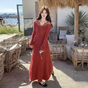 엘럽 치마 롱 여성 니트 봄 쉬폰 레이스 브이넥 프렌치 슬림핏 박템1
