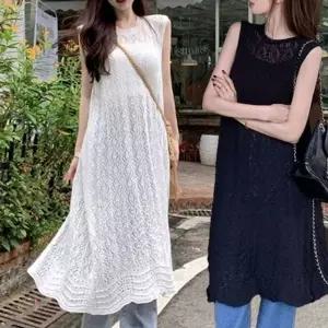 [하프클럽/]이쁘다요 민소매 휴양지 뷔스티에 펀칭 롱 레이어드 나시 원피