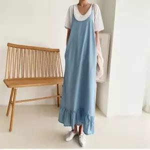 [하프클럽/]이쁘다요 프릴 데님 롱 나시 원피스 뷔스띠에 청 민소매