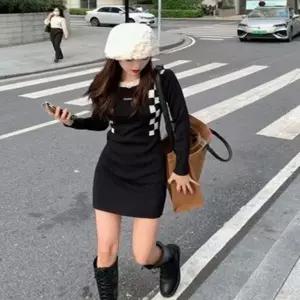 [하프클럽/]이쁘다요 체스 원피스 슬림핏 롱 니트 날 티 미니