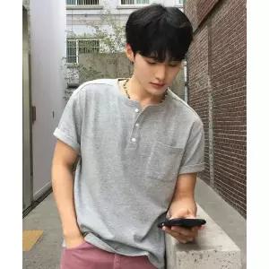 (백화점상품)KIIMUIR [크롭] 헤비 코튼 롤업 헨리넥 반팔 티셔츠_멜란지 그레이136263
