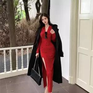 손오반 원피스 스커트 니트 여친 빨강 미디 가을 플라워 긴팔 슬림 조거 무드 랩 데일리룩 오라버니 프렌치