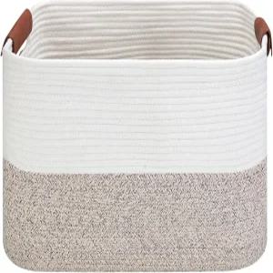 가죽 손잡이가 있는 작은 면 로프 보관 바구니 15 L x 11.5 W 7.5 H 홈 데코 내구성 스타일리시한 가정용