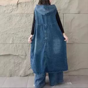 스트레인지 빈티지 캐주얼 여자 데님 롱 데일리룩 간절기 카디건 후드 민소매 조끼 KUK1