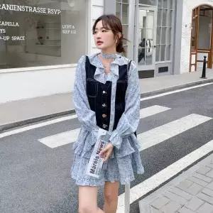 스트레인지 여성용 원피스 청 에 쉬폰 벌룬 브이넥 조끼 플라워 프릴 데일리룩 KUK1