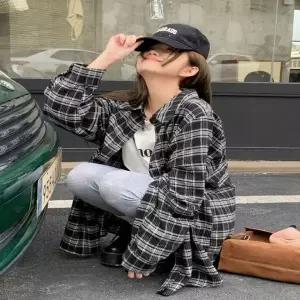 [하프클럽/]여성용 체크패턴 루즈핏 긴팔 셔츠 봄가을 데일리웨어
