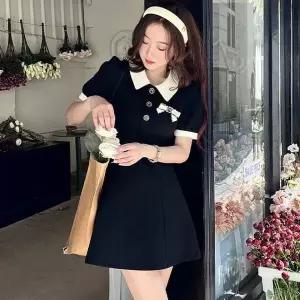 [하프클럽/]여성용 블랙 카라 미니 원피스 리본 장식 반팔 드레스