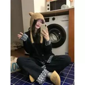 엘럽 하프 레드 세트 본명년 잠옷 있는 실내복 커플 수 겉옷으로 따뜻하게 입을 잠옷세트 기모 카디건 박템