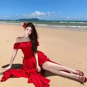 엘럽 원피스 여성용 빨강 어깨 롱스커트 해변 여행 언밸런스 쉬폰 노스웨스턴 사막 바캉스룩 일자 박템1