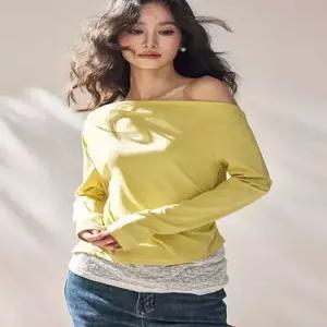 엘럽 여성용 봄 티 톱 오프숄더 레이스 레이서 숄더 롱루즈핏티 긴팔 뉴 박템1