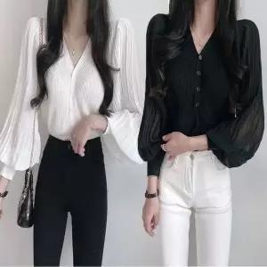 [하프클럽/]벌룬 소매 플리츠 여자 가디건 블라우스 퍼프 브이넥