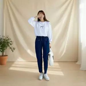 [하프클럽/]여성 허리밴드 뮤즈 컷팅 배기 데님바지 팬츠