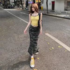 엘럽 스커트 여성 청 롱 슬림핏 언밸런스 카무플라주 머메이드 오렌지 박템1