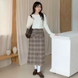 [하프클럽/]여성용 슬릿 롱기모 더블포켓 격자 스커트 치마 본딩