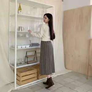[하프클럽/]여성 H라인 백밴딩 격자 롱스커트 치마