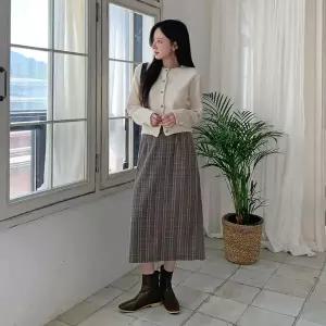 [하프클럽/]여성 롱 디자인 H라인 뒷밴드 격자 스커트 치마