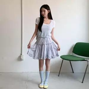 [하프클럽/]여성 체크 프릴 디테일 미니 플레어 스커트 봄여름용