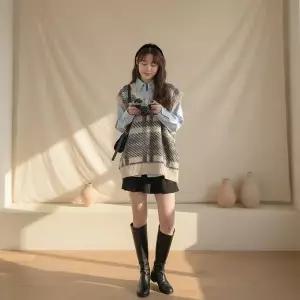 [하프클럽/]여성 체크 패턴 오버사이즈 브이넥 울 니트 조끼