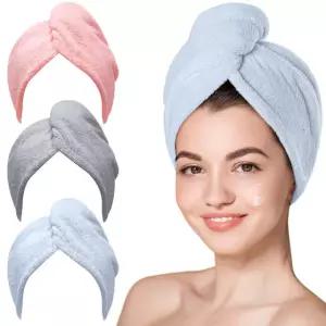 히코버 극세사 헤어 타월 랩 여성용 빠르게 건조되는 곱슬머리와 긴 머리를 위한 부드러운 경량 퀵 드라이 터번 3팩(블루/그레이/핑크)