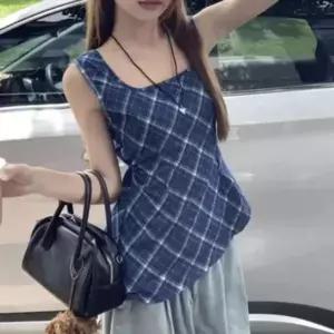 [하프클럽/]이쁘다요 백오픈 민소매 체크 블루 블라우스