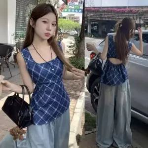 [하프클럽/]이쁘다요 체크 백트임 블루 슬리브리스 블라우스