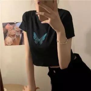 [하프클럽/]파랑 나비 반팔 크롭티 BI00180 가을 라운드 데일리 XL 간절기 사이