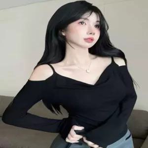 블랙 V넥 숄더드 긴팔 티셔츠 여성용 봄 가을 신상 슬림핏 디자인 출퇴근 베이스 셔츠 탑
