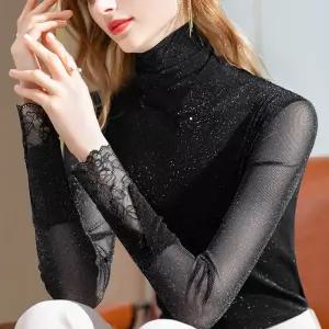 여성용 봄 가을 메쉬 바닥 셔츠 레이스 밝은 실크 탑과 접합 된 새로운 하이 칼라 패션 긴팔 티셔츠
