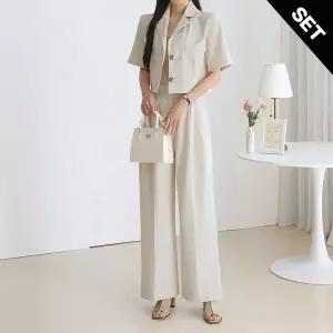 [올리비에스클로젯] [SET]썸머 린넨 크롭 자켓 와이드 팬츠 셋업_O2605SE062B