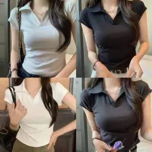 슬림핏 브이넥 카라 여성 쿨링 얇은 반팔티셔츠 여름