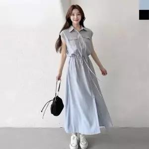 TBZ KQQ Z2946 페미닌 포켓 민소매 카라롱원피스