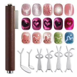 7pcs 고양이 눈 세트 심장 및 토끼 모양의 자기 효과 몰드가 있는 3in 다기능 나무 손잡이 네일 홈 에서 젤