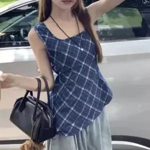 [하프클럽/]백오픈 블루 체크 민소매 블라우스
