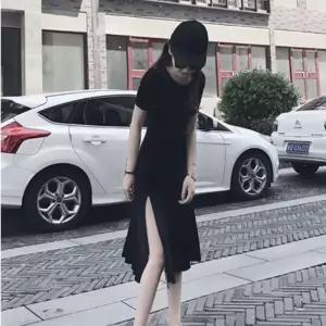 [하프클럽/]반팔 라운드넥 트림 절개 롱원피스 원피스
