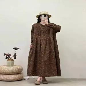 타노스여사친 원피스 계 면사 데일리룩 긴팔 라운드 롱스커트 플라워 KUK1