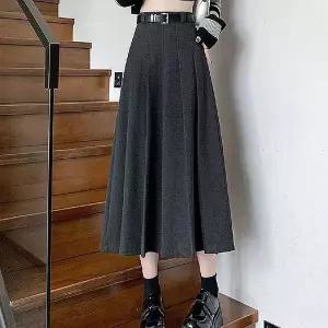 [하프클럽/]겨울 데일리룩 플리츠 모직 롱스커트