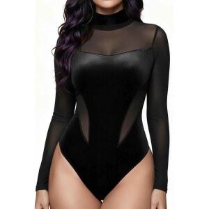 여성용 GAMISS 바디수트 긴팔 벨벳 메시 u2013 Sexy Sher Top 크리스마스 또는 데일리웨어 S-XXL