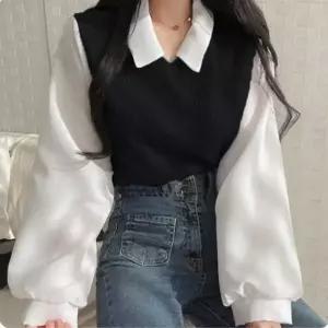 [하프클럽/]카라 블라우스 니트 조끼 베스트 레이어드