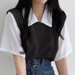 [하프클럽/]단정무드 골지 베스트 레이어드 셔츠 블라우스 데일리 상의