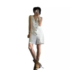 여성린넨점퍼슈트 점퍼수트 5부 여자 브이넥 캐주얼 여름 오버롤 여성 민소매 멜빵바지