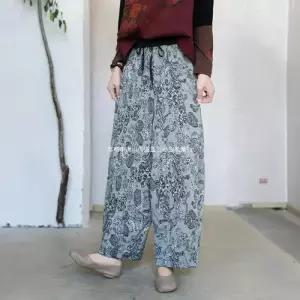 와칸다 팬츠 가을 캐주얼 빈티지 여성 여사친 면 배색 버전 자가드 린넨 스트랩 면린넨 9부 FREE KKE3