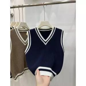 윈터솔져 여친 니트 배색 톱 봄가을 브이넥 풀오버 조끼 데일리룩 레이어드 아카데미 KUK1