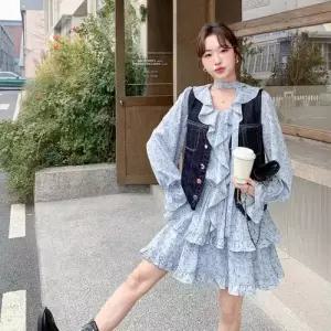 와칸다 여성 여성용 원피스 청 프릴 브이넥 플라워 쉬폰 조끼 벌룬 에 KKE1