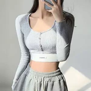 [하프클럽/]긴팔 크롭 티셔츠 슬림핏 골지