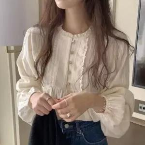 /신상오픈런 여성용 봄 여름 루즈핏 프릴 소매 블라우스