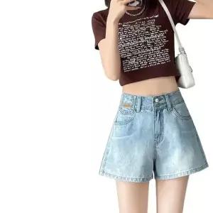 헐크 여친 여성용 바지 데님 여름 연청 하이웨스트 A라인 자수 청반바지 와이드 반바지 4부 KKE2