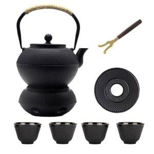 YJX 40.6온스 주철 주전자 세트, 워머 포함, 스토브탑용 일본 차 1200ml 홍차 및 찻잔 루즈 리프용 인퓨저 에나멜 아시안 찻주전자 세트