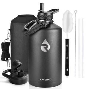 RAYMYLO 1갤런 물병 단열, 삼중벽 진공 스테인리스 스틸(48시간 동안 냉각), 누수 방지 및 비BPA, 파라코드 손잡이가 있는 대형 물 플라스크 저그 빨대 분사 뚜껑